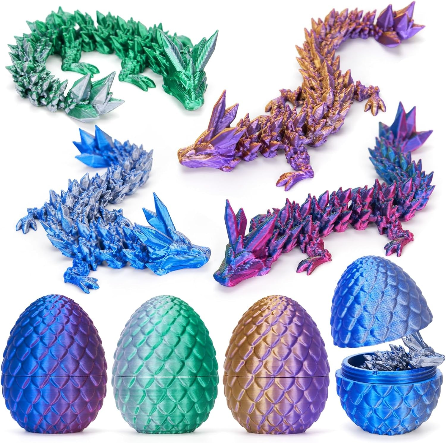 4PCS 3D Printed Dragon Egg, Articulated Crystal Animals Fidget Toy Kid, Small 3D Printer Dinosaur Dino Eggs Toy Easter Gifts for Kids Boy Girls (4-Piece-C)